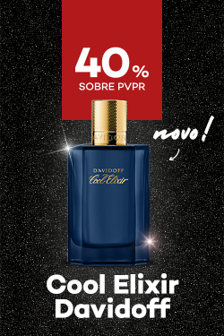 Novo perfume Cool Elixir da marca Davidoff com destaque promocional de 40% sobre preço de Venda ao Público Recomendado